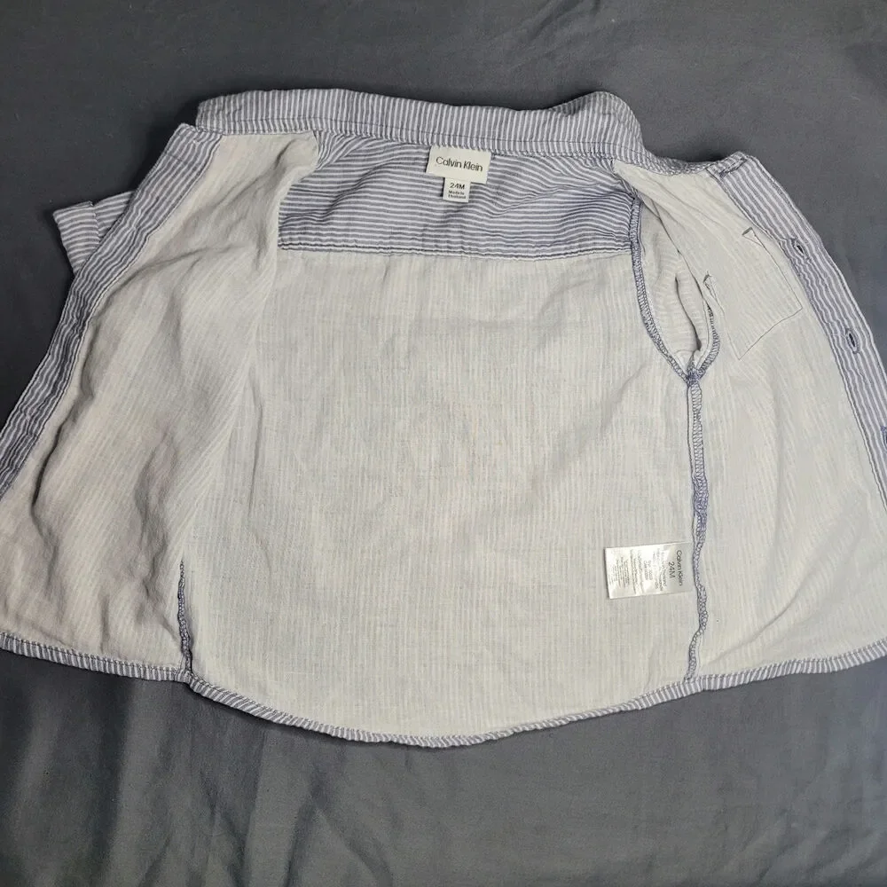Calvin Klein Toddler Boy Blue & White Stripe Short Sleeve Linen Blend Shirt 24M